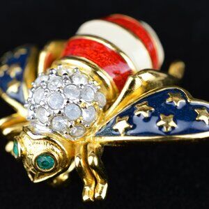 Joan Rivers Bee Pin Brooch Red White Blue Patriotic American Swarovski Crystals